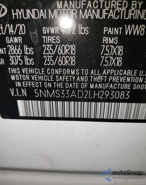 2020 Hyundai Santa Fe Sel from USA, damaged, VIN 5NMS33AD2LH293083